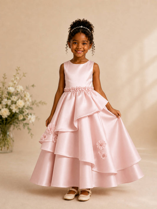 Graceful Sleeveless Tiered Satin Flower Girl Dress with 3D Floral Appliques