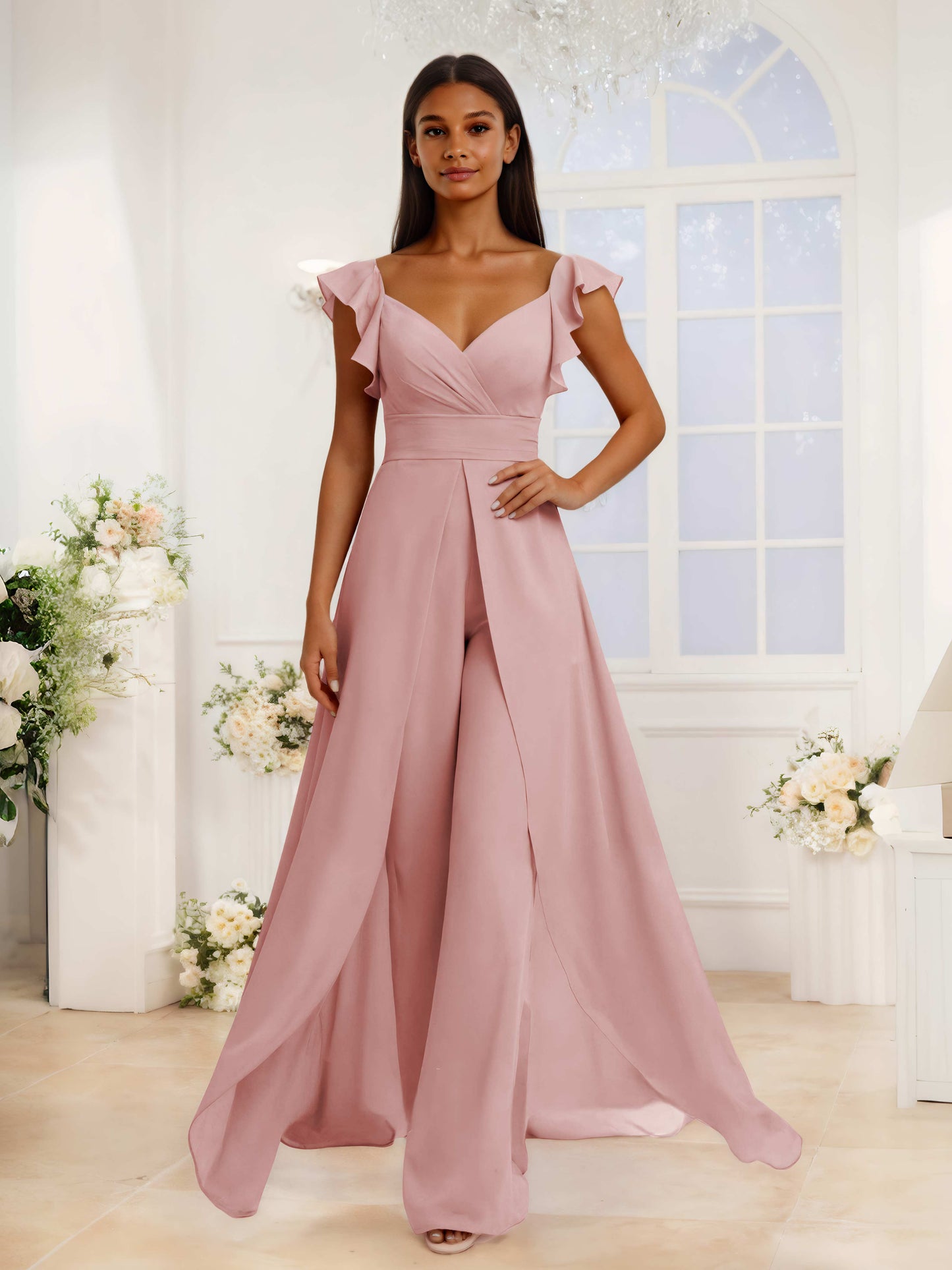 Graceful V-Neck Ruffles Long Chiffon Jumpsuits For Bridesmaids