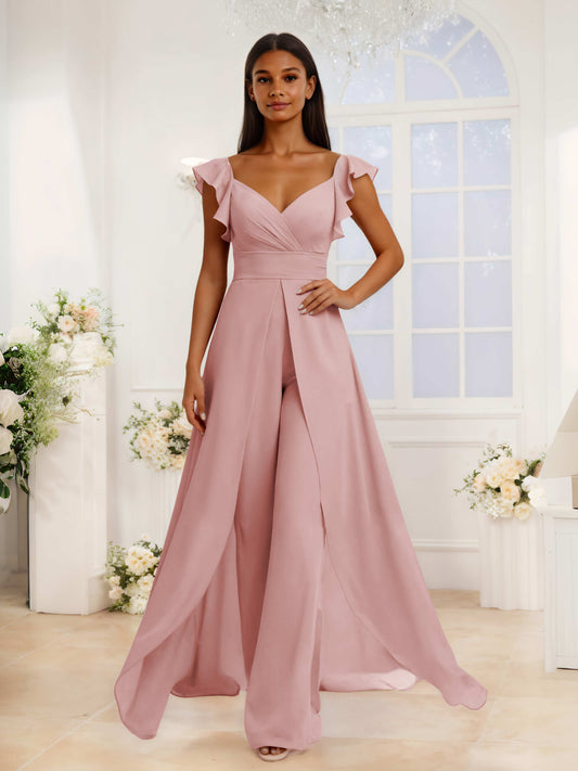 Graceful V-Neck Ruffles Long Chiffon Jumpsuits For Bridesmaids