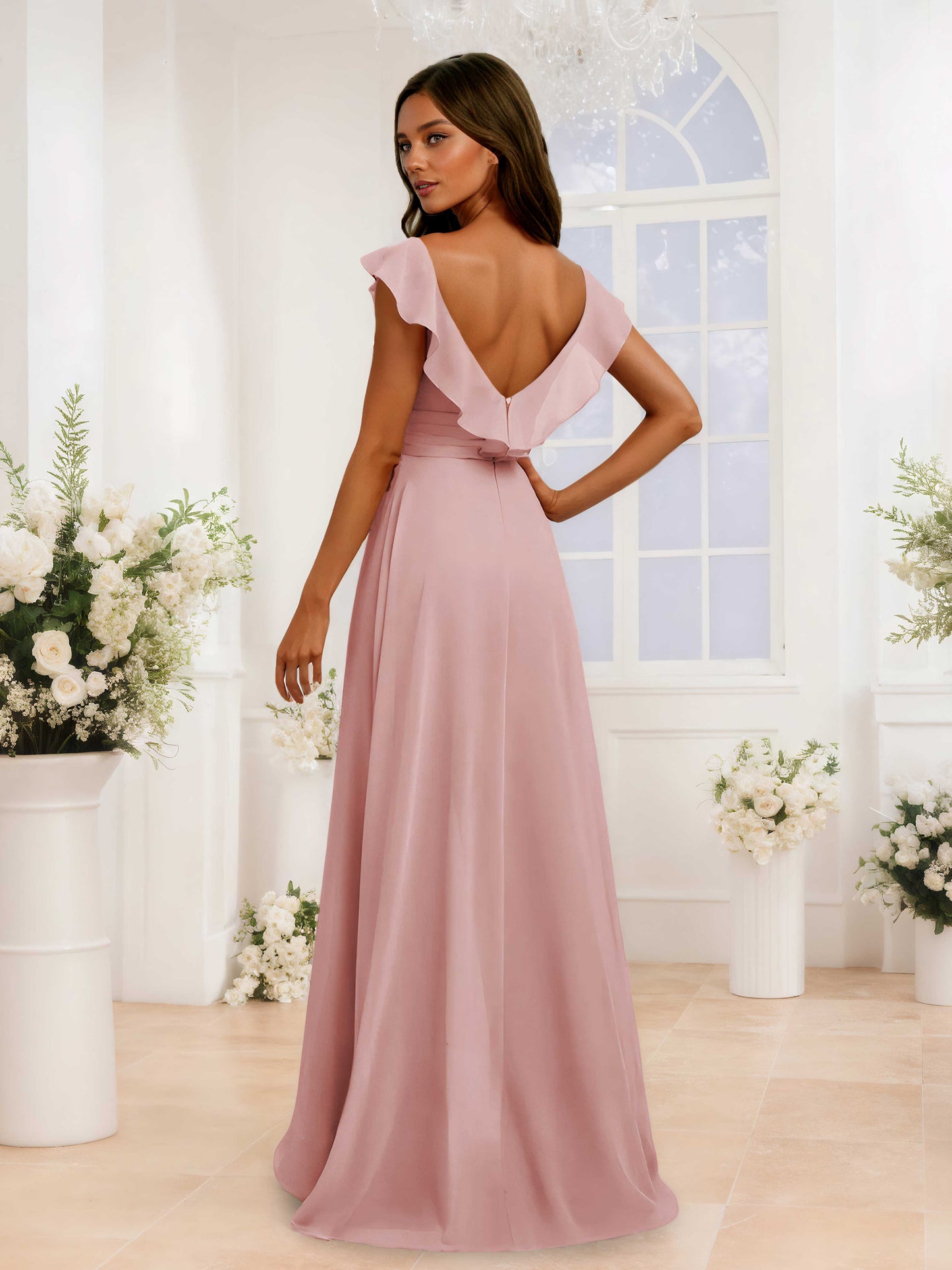 Graceful V-Neck Ruffles Long Chiffon Jumpsuits For Bridesmaids