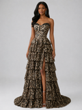 Graelith Sexy A-Line Strapless Leopard Print Corset Prom Dress with Tiered Ruffles & High Slit