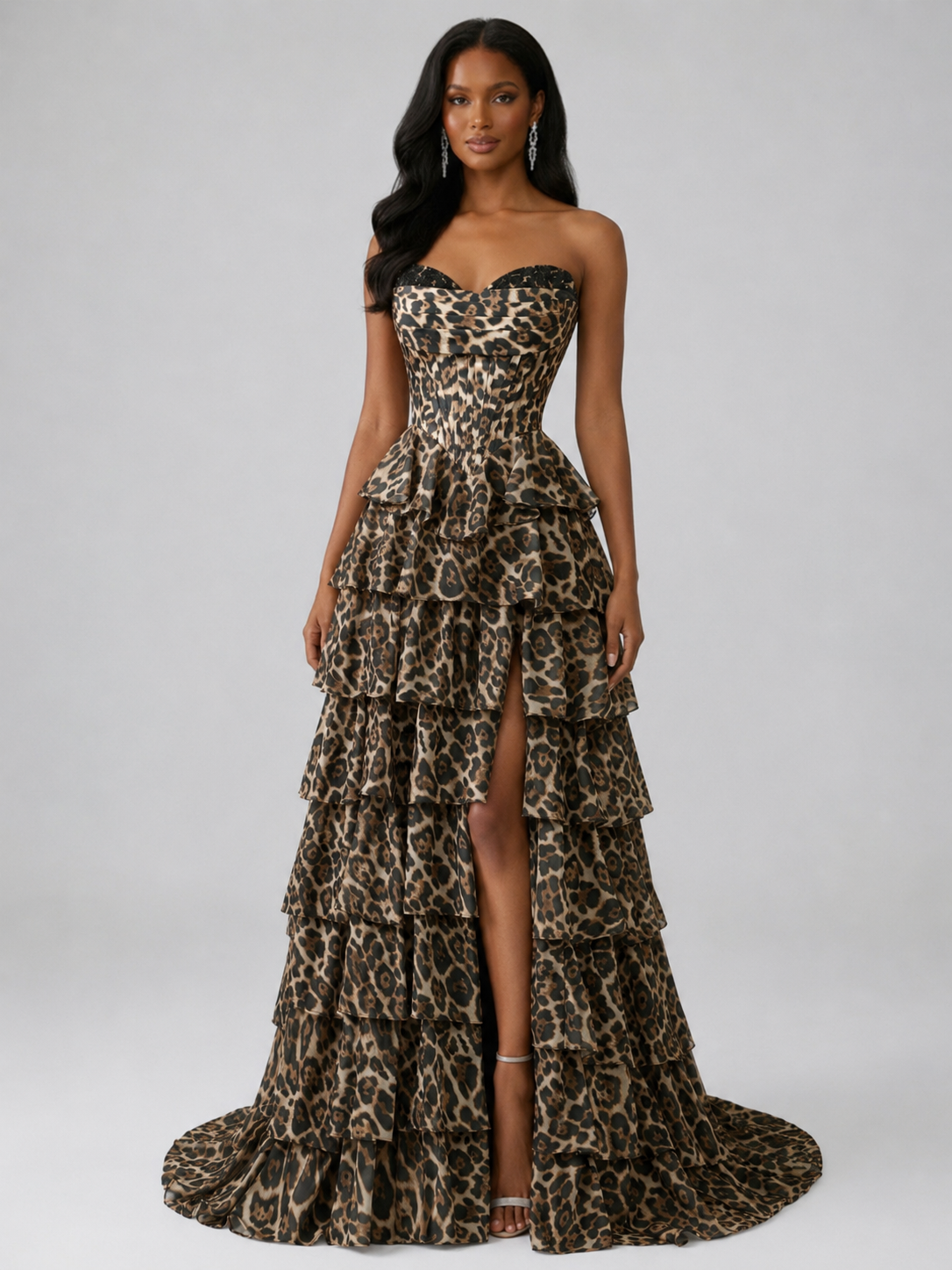 Graelith Sexy A-Line Strapless Leopard Print Corset Prom Dress with Tiered Ruffles & High Slit