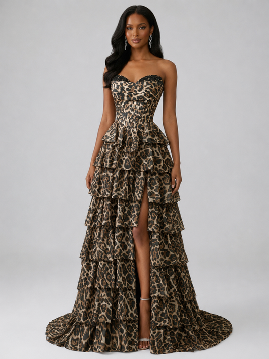 Graelith Sexy A-Line Strapless Leopard Print Corset Prom Dress with Tiered Ruffles & High Slit