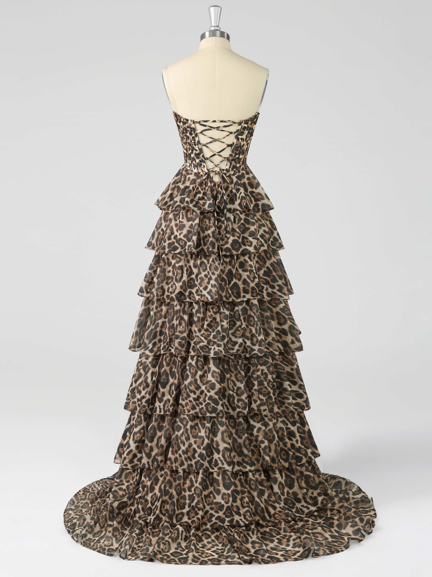 Graelith Sexy A-Line Strapless Leopard Print Corset Prom Dress with Tiered Ruffles & High Slit