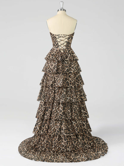 Graelith Sexy A-Line Strapless Leopard Print Corset Prom Dress with Tiered Ruffles & High Slit