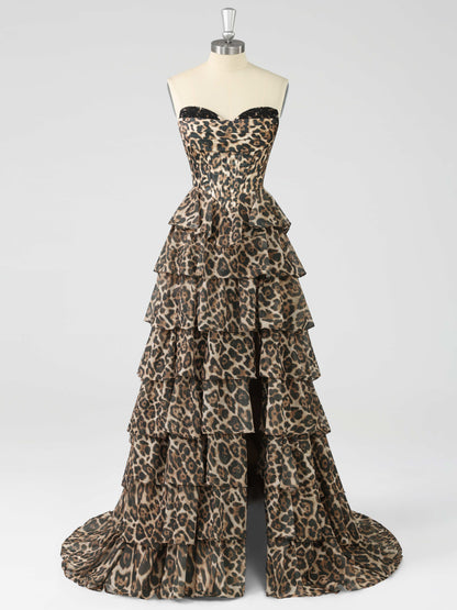 Graelith Sexy A-Line Strapless Leopard Print Corset Prom Dress with Tiered Ruffles & High Slit