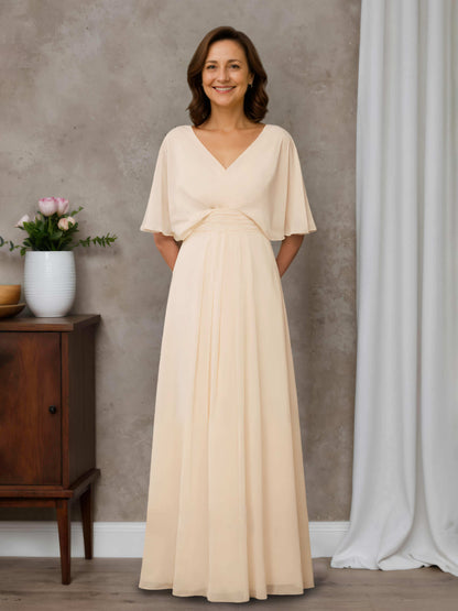 Halira A-line V-neck Half Sleeves Pleated Long Chiffon Mother of the Bride Dresses