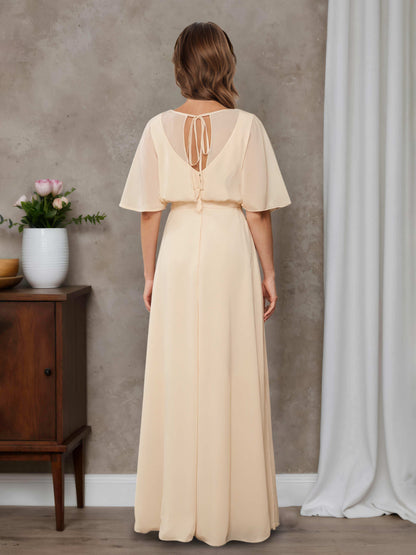Halira A-line V-neck Half Sleeves Pleated Long Chiffon Mother of the Bride Dresses