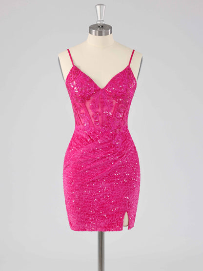 Havona Spaghetti Strap V-neck Sequins Mini Homecoming Dress