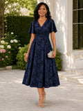 Hazel Flattering A-Line V-Neck Tea Length Floral Mother of the Bride Dresses