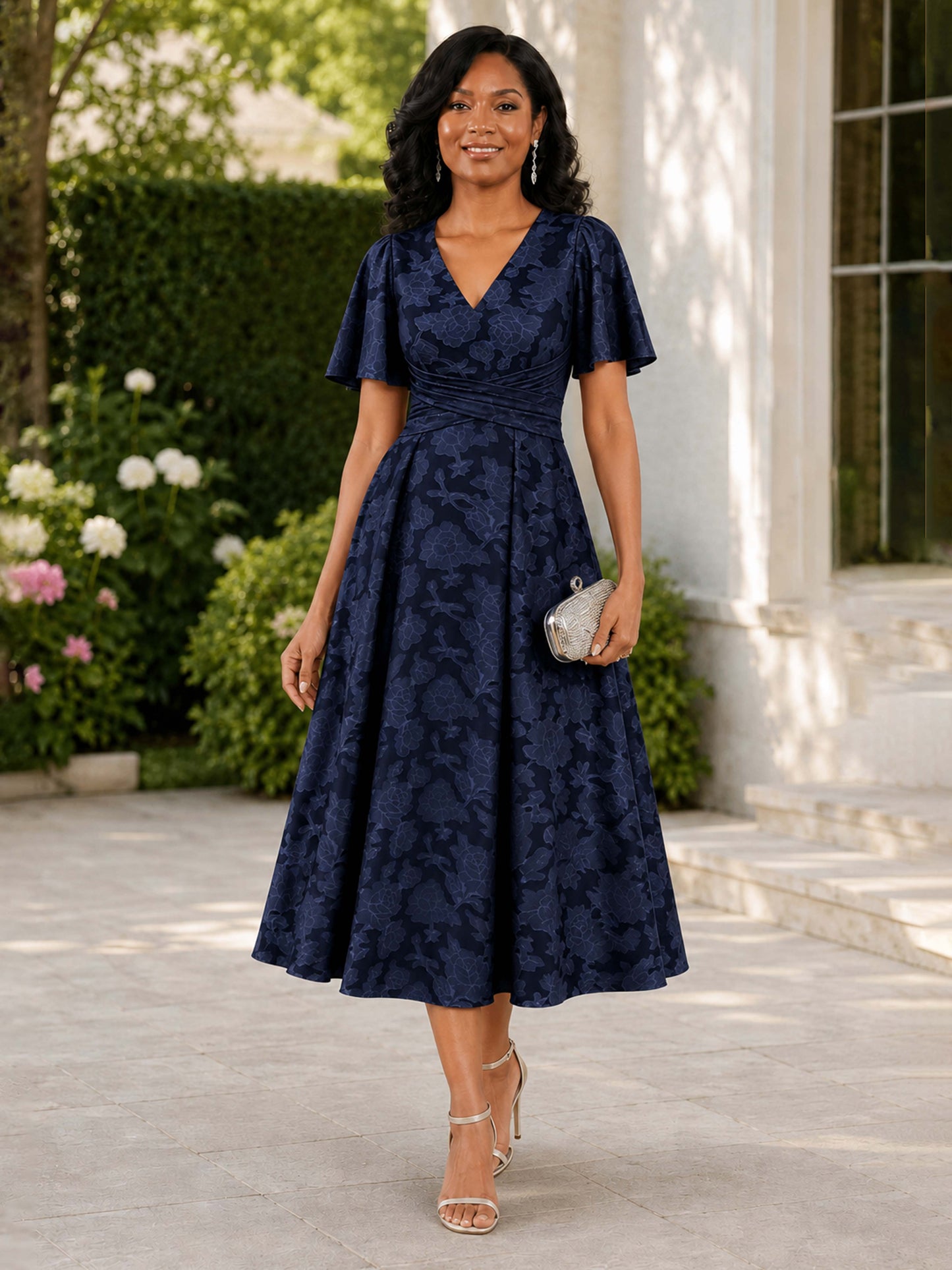 Hazel Flattering A-Line V-Neck Tea Length Floral Mother of the Bride Dresses