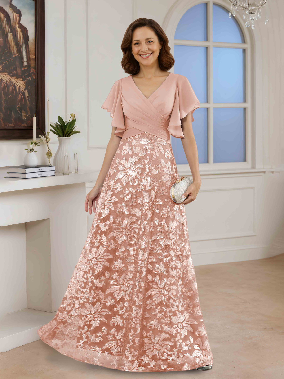 Helora Chic A-Line V-Neck Sequins Ruched Long Chiffon Mother of the Bride Dresses