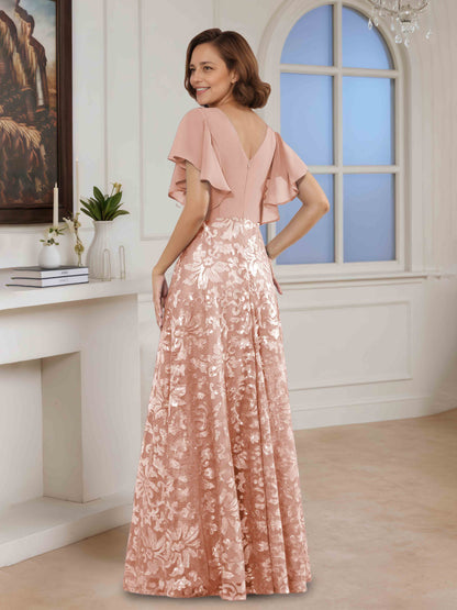 Helora Chic A-Line V-Neck Sequins Ruched Long Chiffon Mother of the Bride Dresses