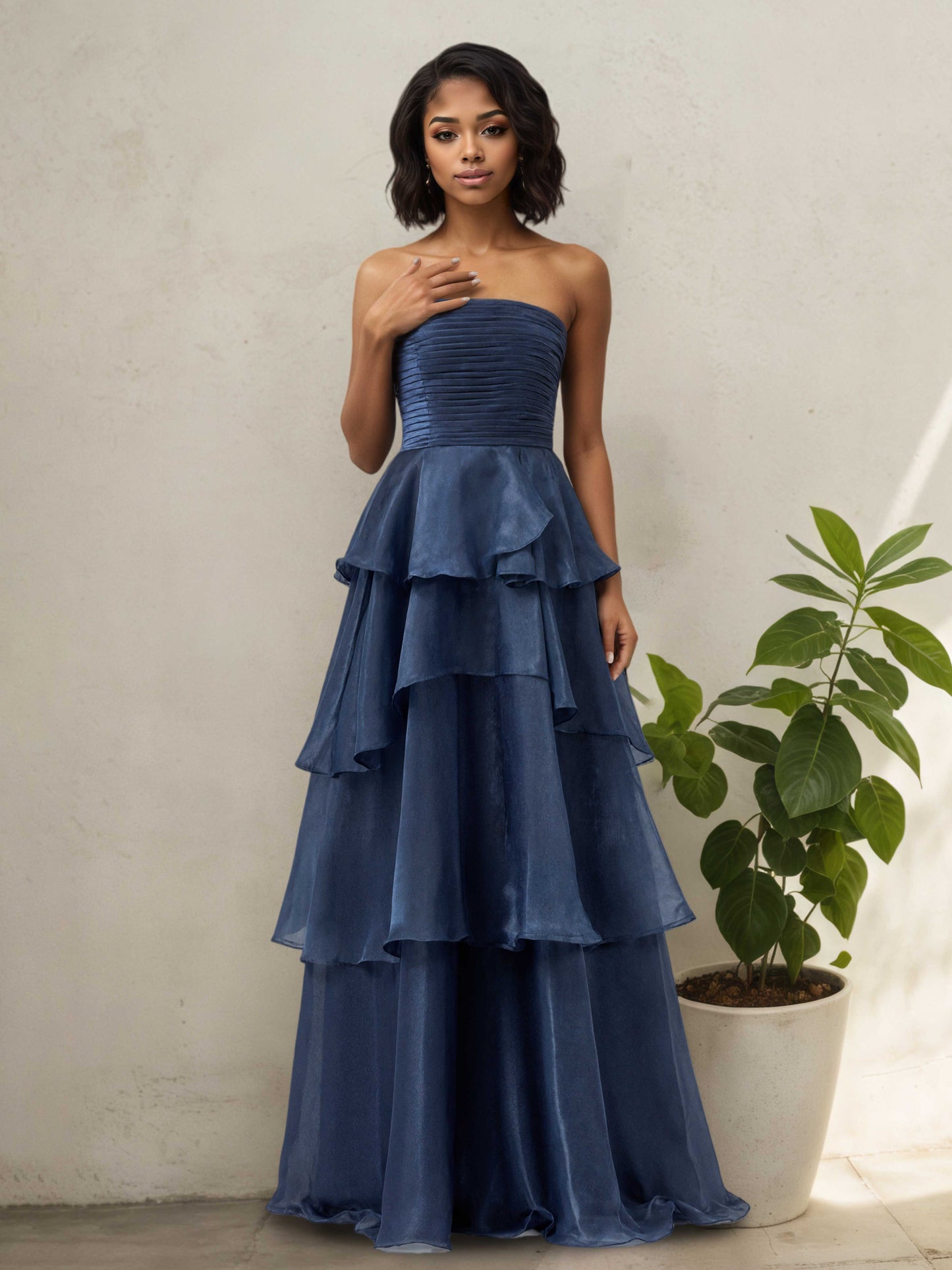 Helyra Modern A Line Strapless Sleeveless Tiered Long Prom Dresses