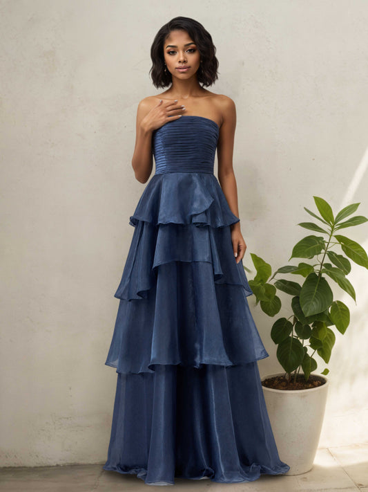 Helyra Modern A Line Strapless Sleeveless Tiered Long Prom Dresses