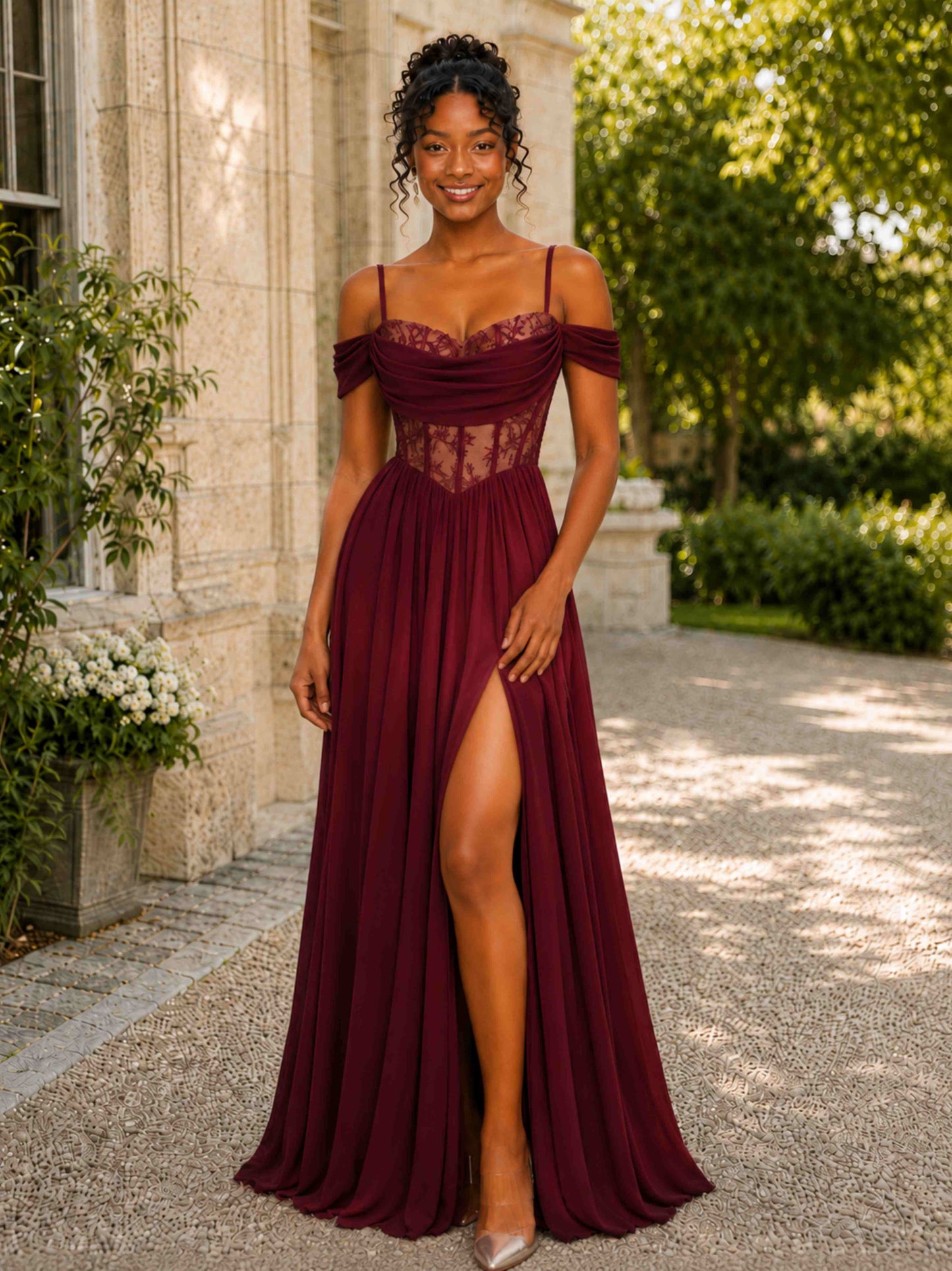 Hivana Off The Shoulder Spaghetti Straps Long Prom Dress with Slit
