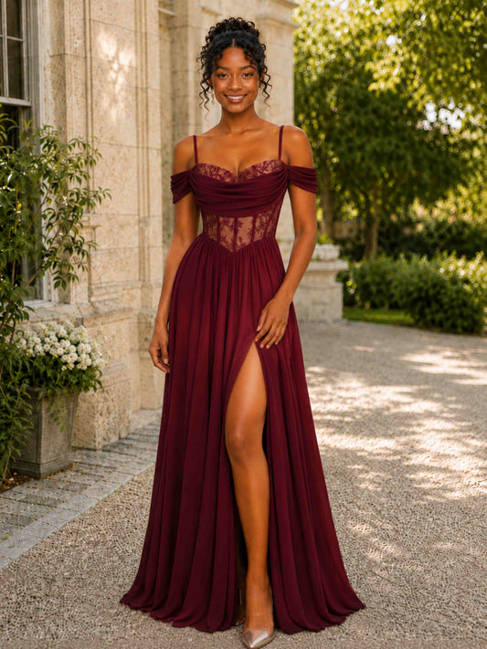 Hivana Off The Shoulder Spaghetti Straps Long Prom Dress with Slit