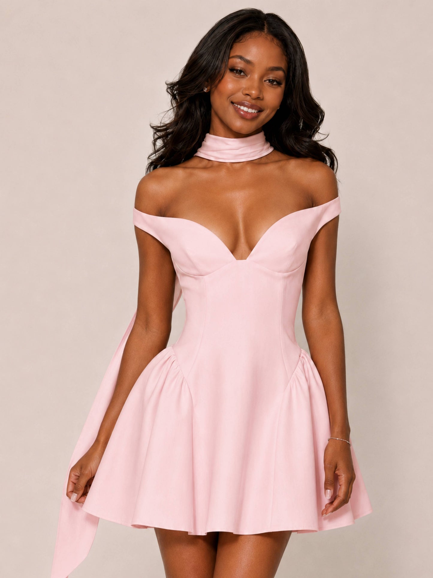 Inoria Off-the-Shoulder Corset Homecoming Dress with Neck Scarf