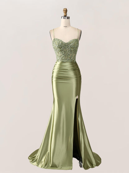 Irina Romantic Spaghetti Straps Lace-up Back Prom Dresses With Slit