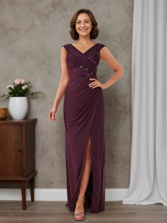 Iris Elegant Sheath V-neck Sleeveless Beading Floor-Length Chiffon Mother of the Bride Dresses