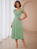 Isadora Chic V-Neck Pleated Beading Tea Length Mother Of The Bride Dresses