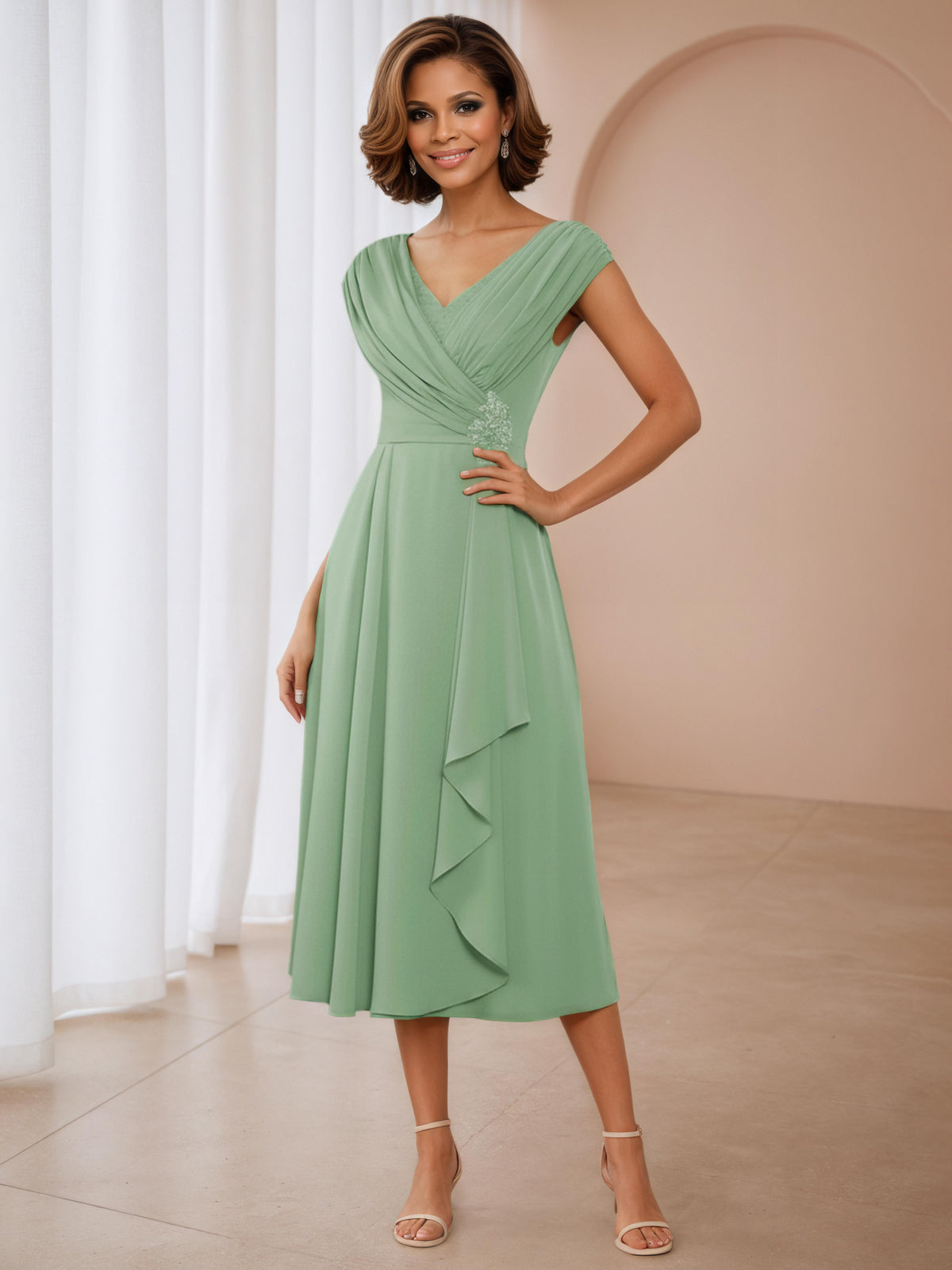 Isadora Chic V-Neck Pleated Beading Tea Length Mother Of The Bride Dresses