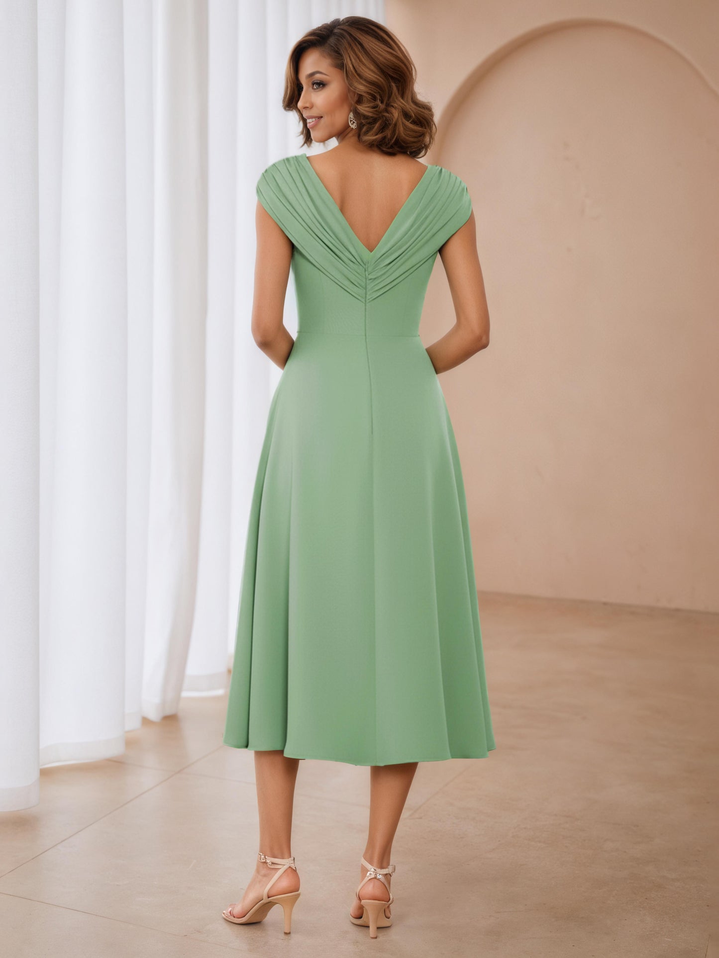 Isadora Chic V-Neck Pleated Beading Tea Length Mother Of The Bride Dresses