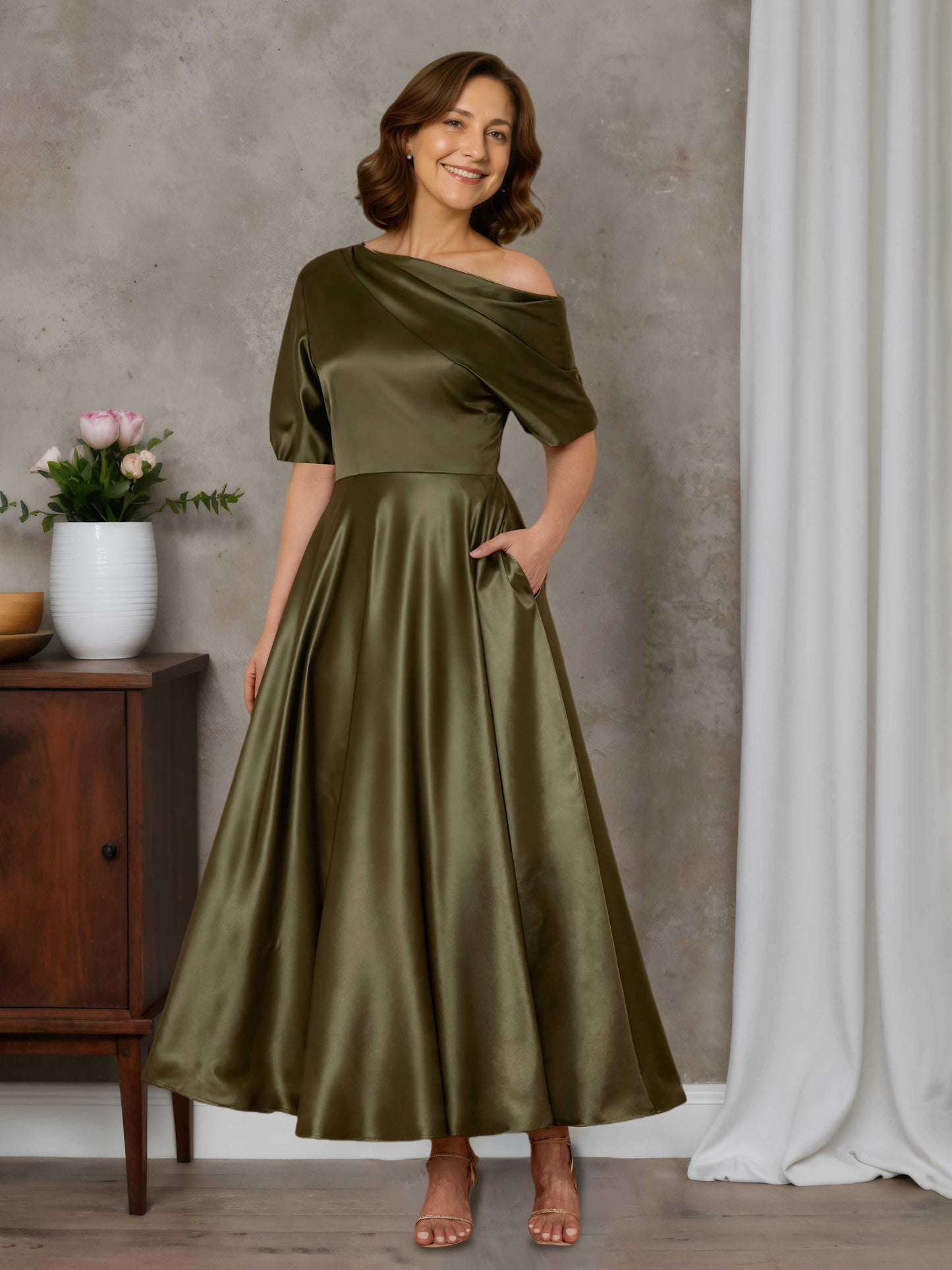 Isenia A-line Short Sleeves Pleated Ankle-Length Satin Mother of the Bride Dresses