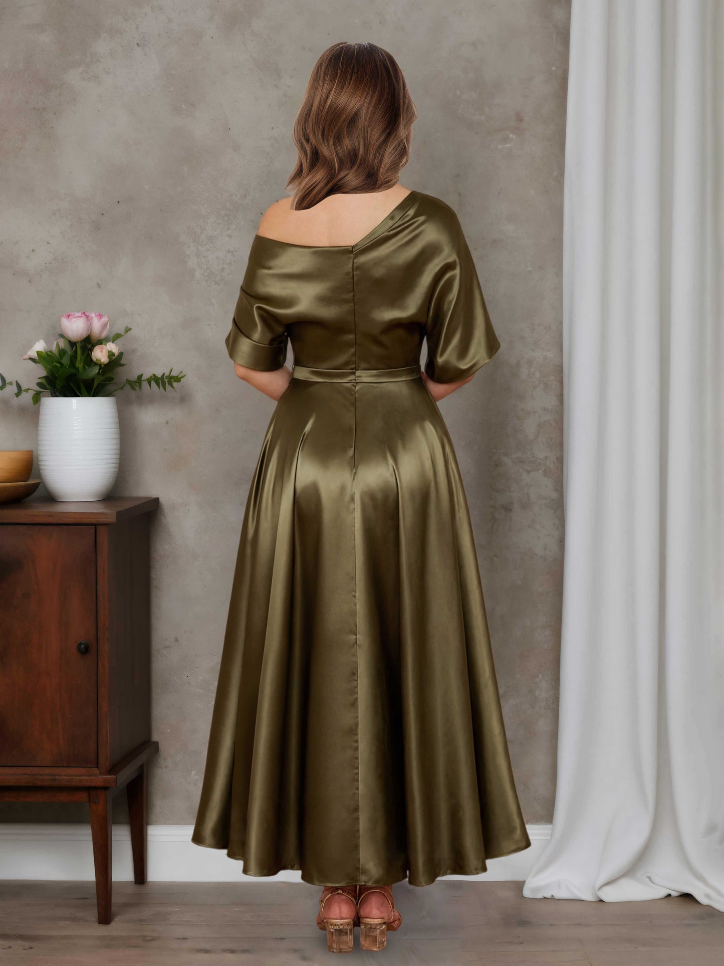 Isenia A-line Short Sleeves Pleated Ankle-Length Satin Mother of the Bride Dresses