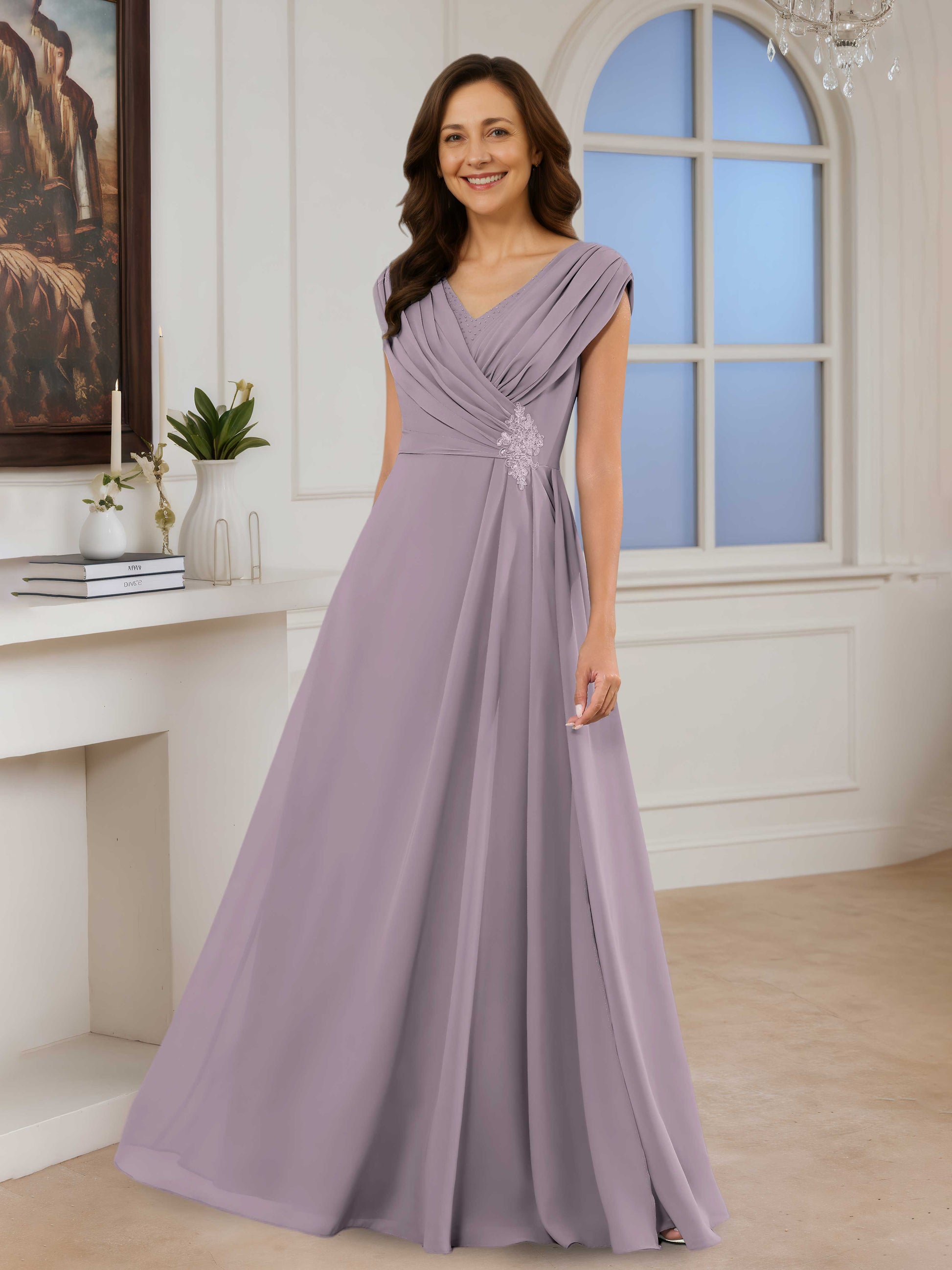 Jenora Charming A-Line V Neck Appliqued Long Chiffon Mother of the Bri – Cathnina Jenora Charming A-Line V Neck Appliqued Long Chiffon Mother of the Bri – Cathnina