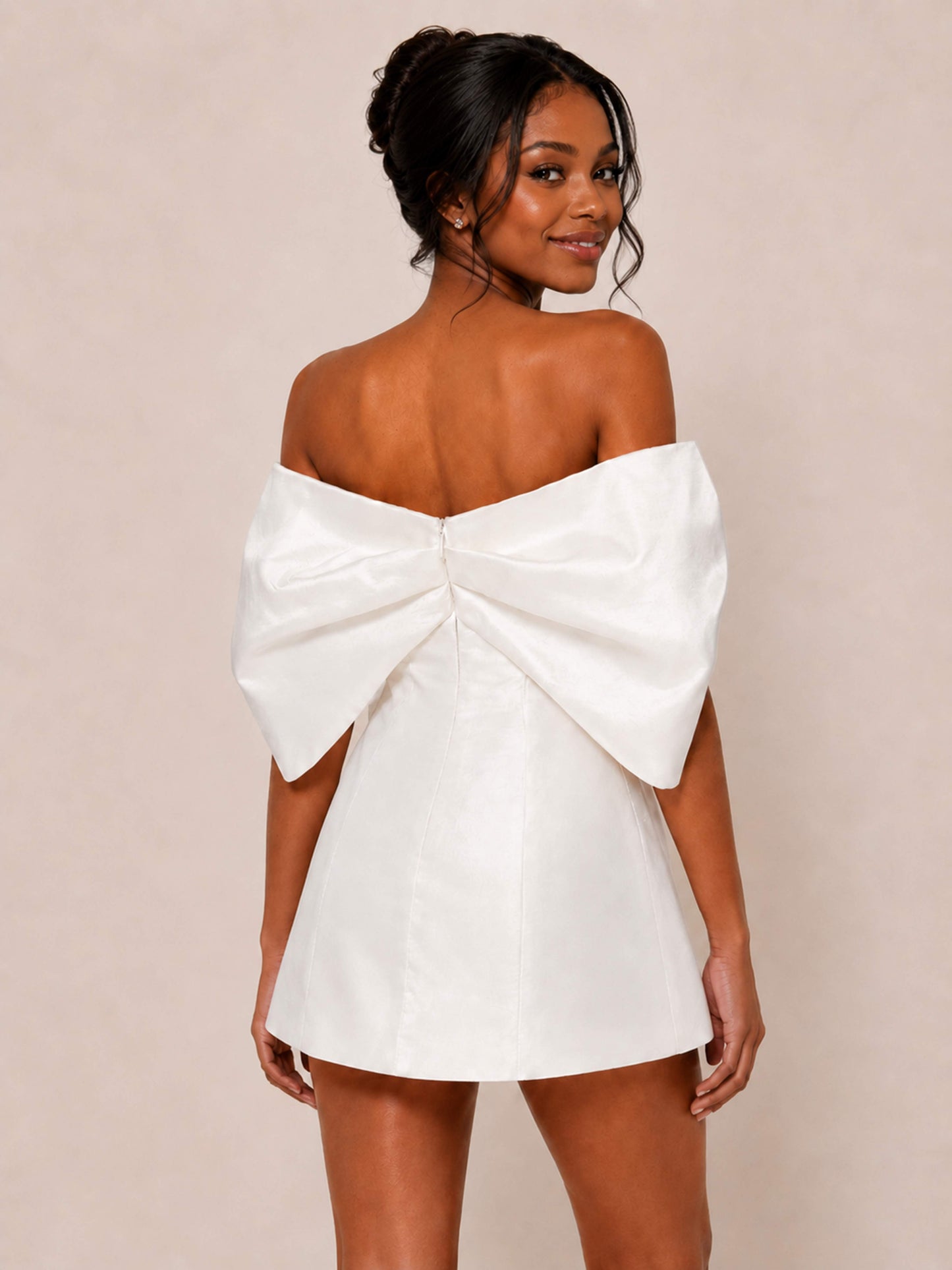 Jessa Off-the-Shoulder Big Bow Satin Mini Homecoming Dress