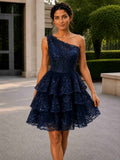 Joreva One-Shoulder Lace Sequin Tiered Mini Homecoming Dress