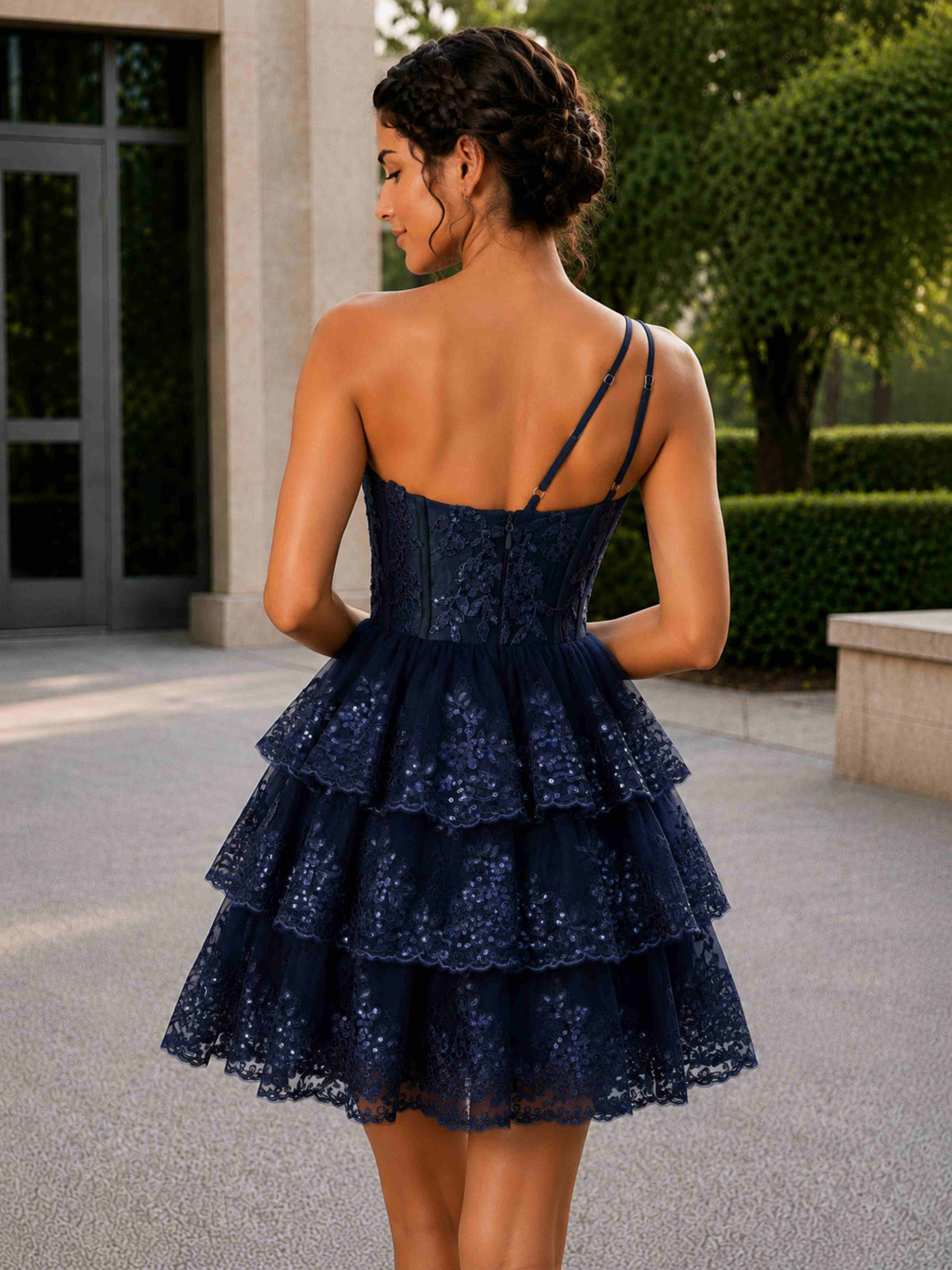 Joreva One-Shoulder Lace Sequin Tiered Mini Homecoming Dress