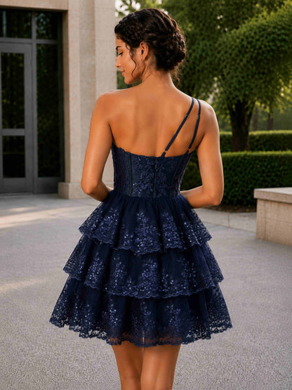 Joreva One-Shoulder Lace Sequin Tiered Mini Homecoming Dress