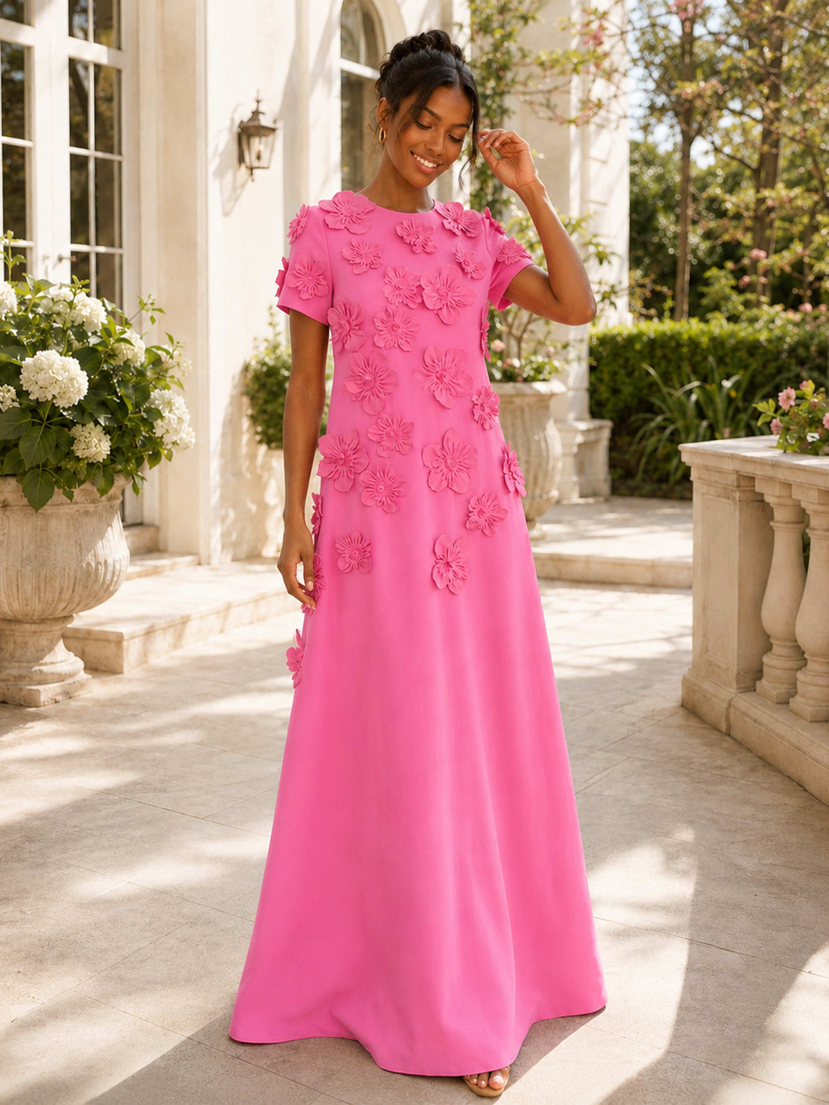 Kalista A-Line Scoop Short Sleeves 3D Floral Applique Formal Dress