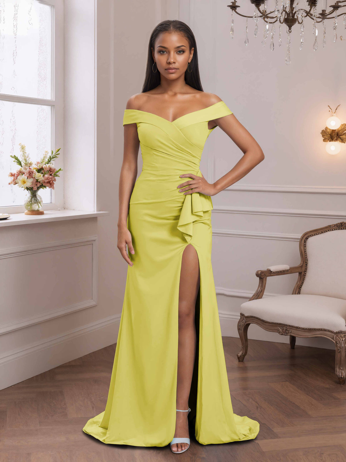 daffodil color bridesmaid dresses Kane Stylish Off The Shoulder Waist Ruched – Cathnina Size:GIRL-0-3 Months-FAMILY
