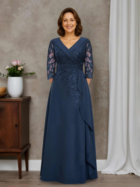 Karyna Chic A-line V-neck Half Sleeves Lace Appliques Chiffon Mother of the Bride Dresses
