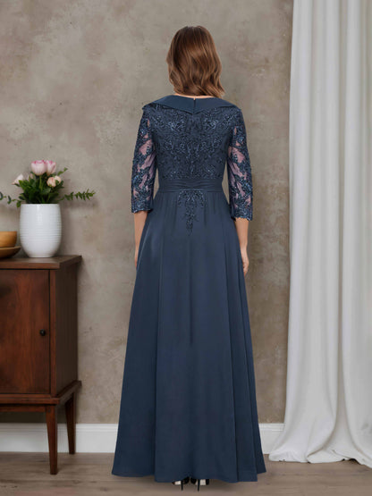 Karyna Chic A-line V-neck Half Sleeves Lace Appliques Chiffon Mother of the Bride Dresses