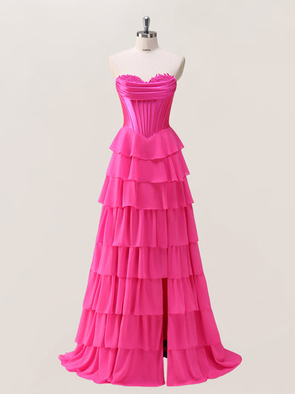 Katira Classy A Line Sweetheart Corset Tiered Prom Dresses with Slit