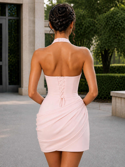 Kavelle Sheath Halter Ruched Pleated Mini Homecoming Dress