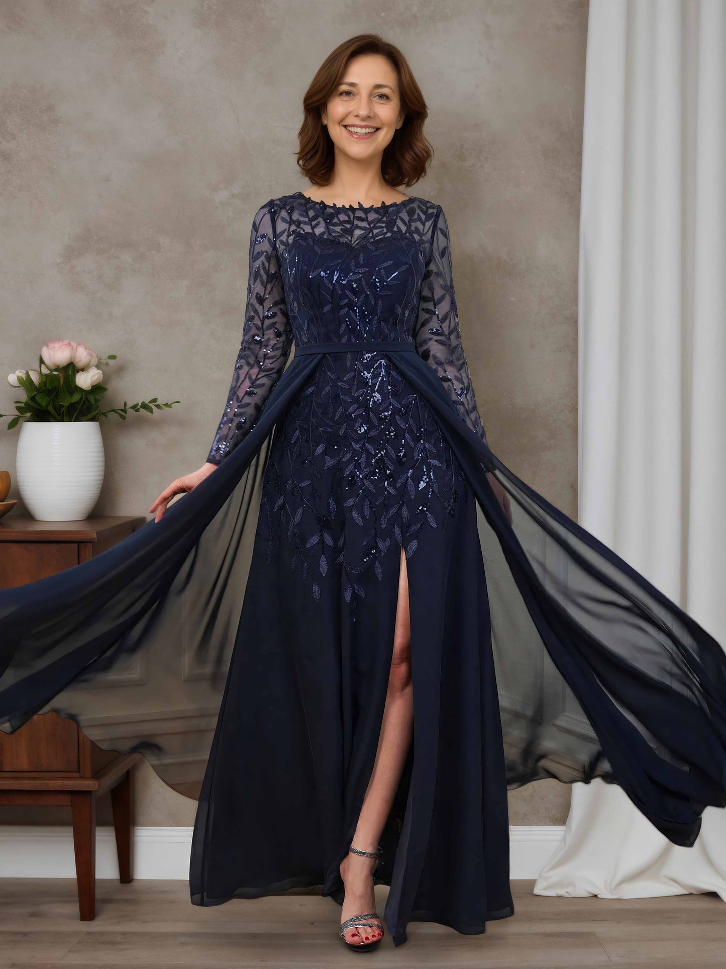 Keira Classic A-line Scoop Long Sleeves Floor-Length Chiffon Mother of the Bride Dresses with Appliques Lace