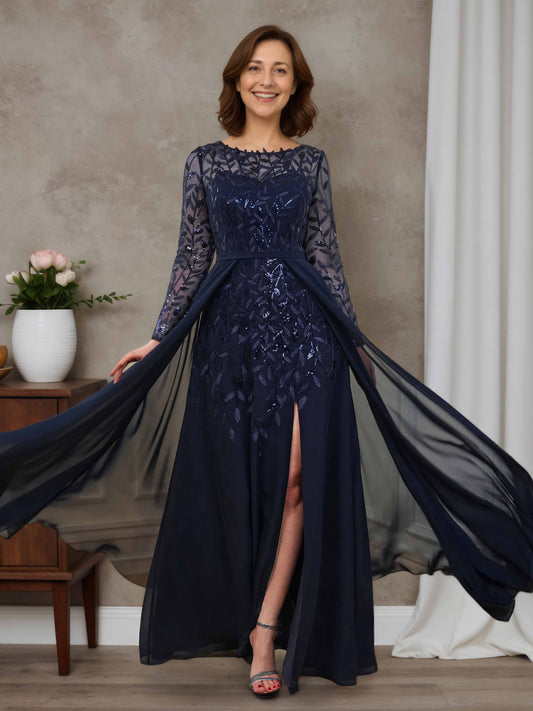 Keira Classic A-line Scoop Long Sleeves Floor-Length Chiffon Mother of the Bride Dresses with Appliques Lace