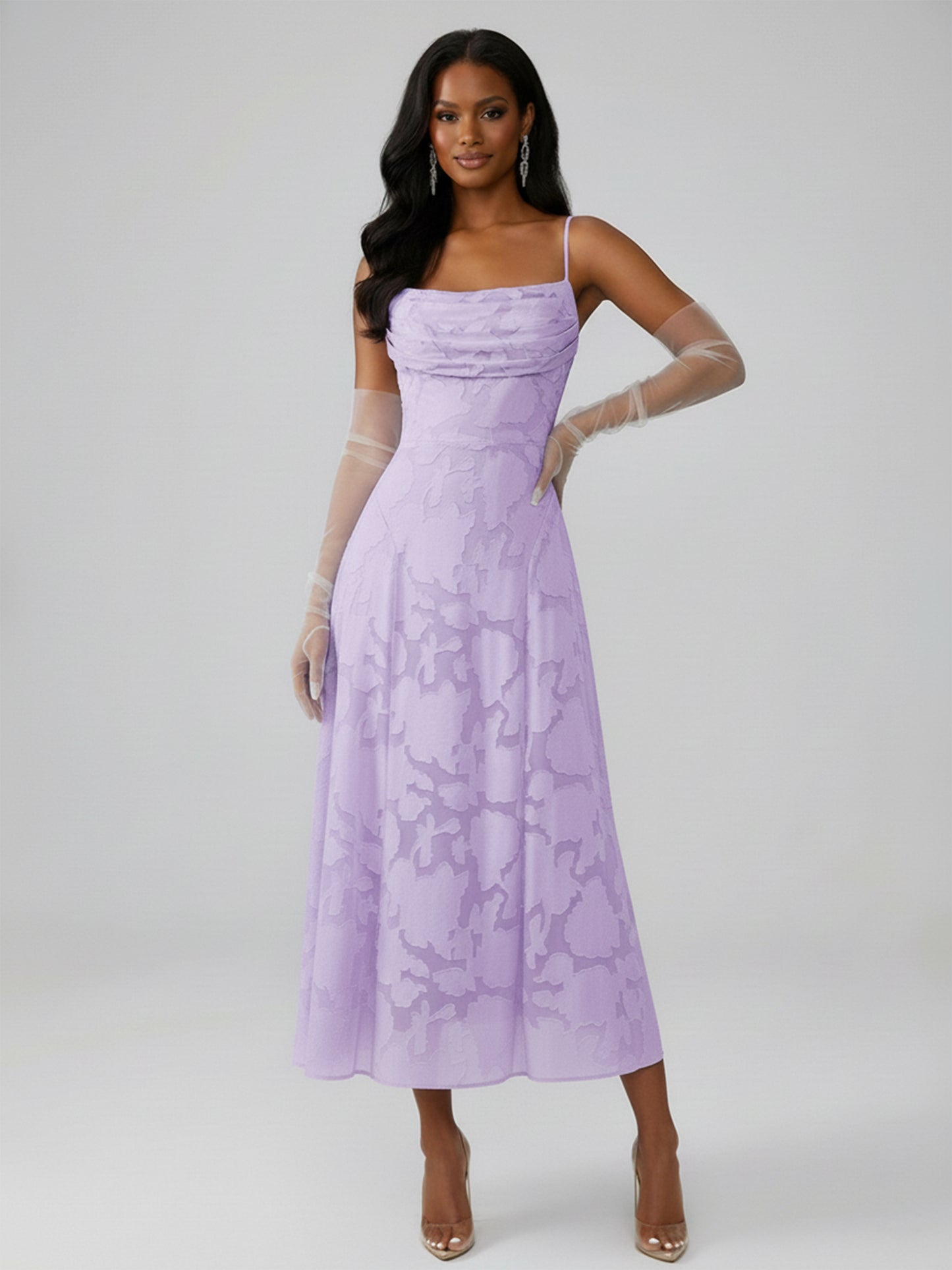Kella A-Line Spaghetti Strap Pleated Sleeveless Tea-Length Floral Lace Long Bridesmaid Dresses