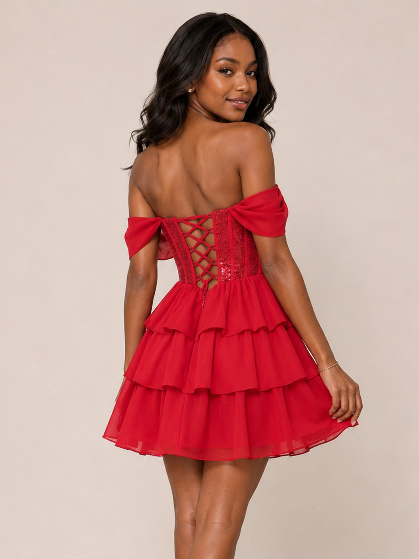 Kelsey Off-The-Shoulder Sequin A-Line Mini Homecoming Dresses with Tiered Ruffles