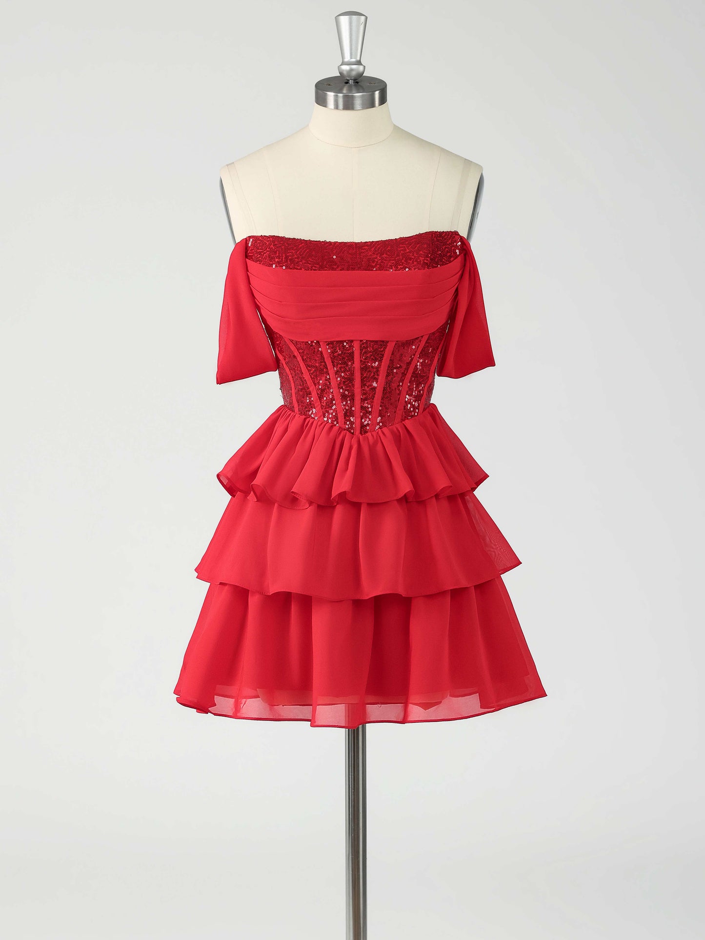 Kelsey Off-The-Shoulder Sequin A-Line Mini Homecoming Dresses with Tiered Ruffles