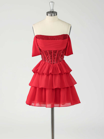 Kelsey Off-The-Shoulder Sequin A-Line Mini Homecoming Dresses with Tiered Ruffles