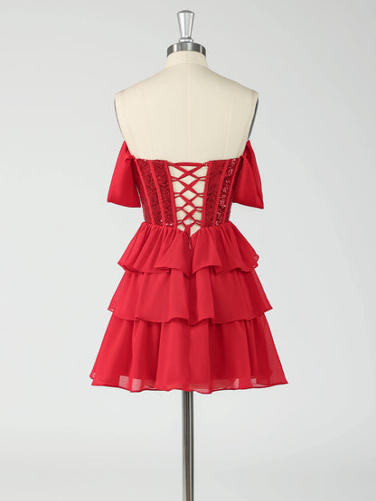 Kelsey Off-The-Shoulder Sequin A-Line Mini Homecoming Dresses with Tiered Ruffles