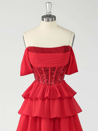 Kelsey Off-The-Shoulder Sequin A-Line Mini Homecoming Dresses with Tiered Ruffles