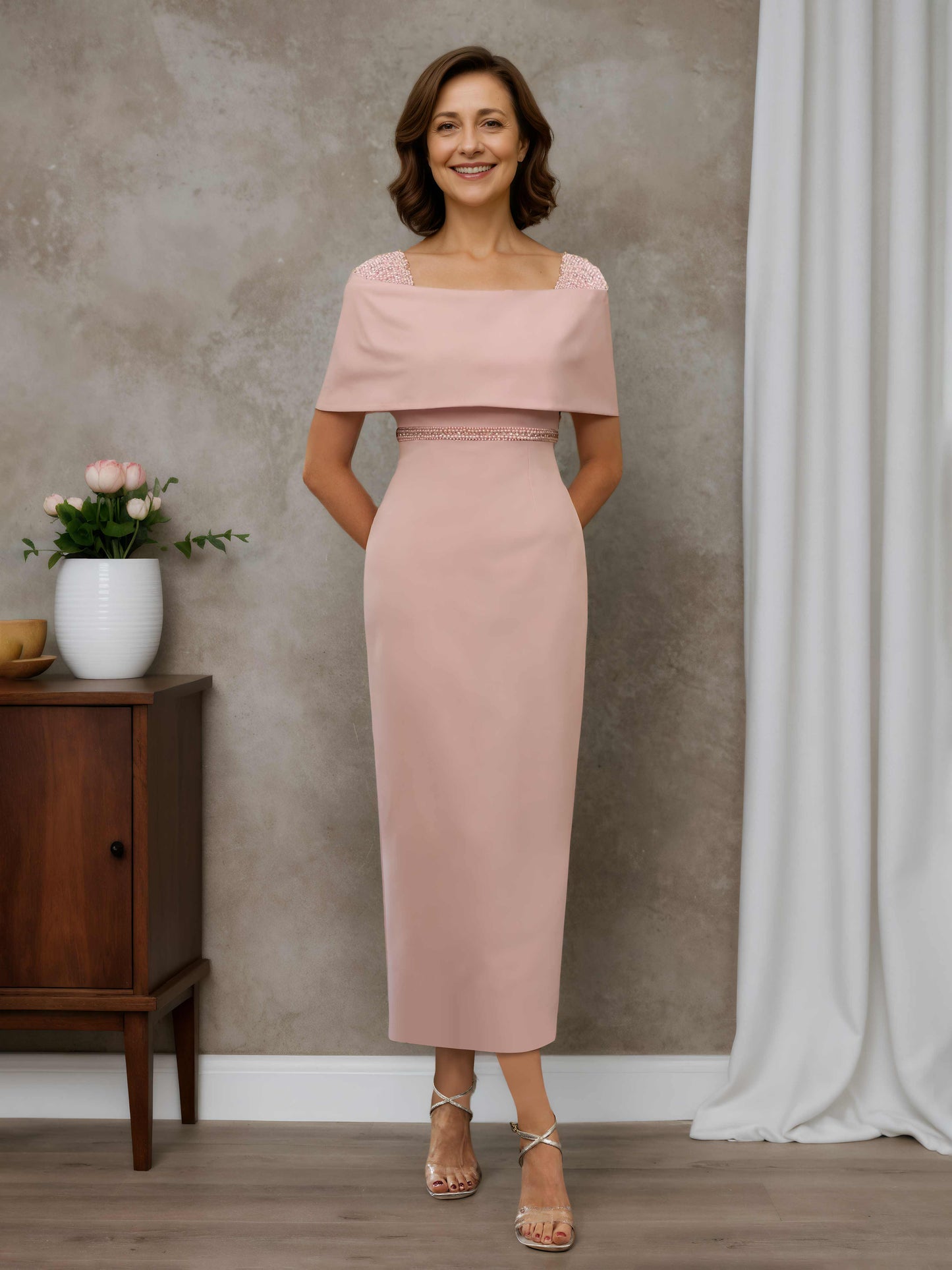 Kiyara Timeless Sheath Square Short Sleeves Tea-Length Beading Stretch Crepe Mother of the Bride Dresses