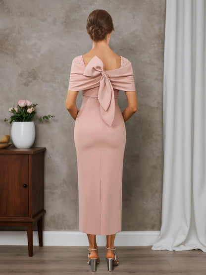 Kiyara Timeless Sheath Square Short Sleeves Tea-Length Beading Stretch Crepe Mother of the Bride Dresses